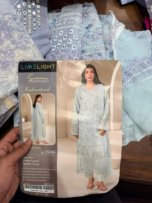 3pc Limelight Embroidered Lawn shirt  and Cambric Trouser with Chiffon Dupatta