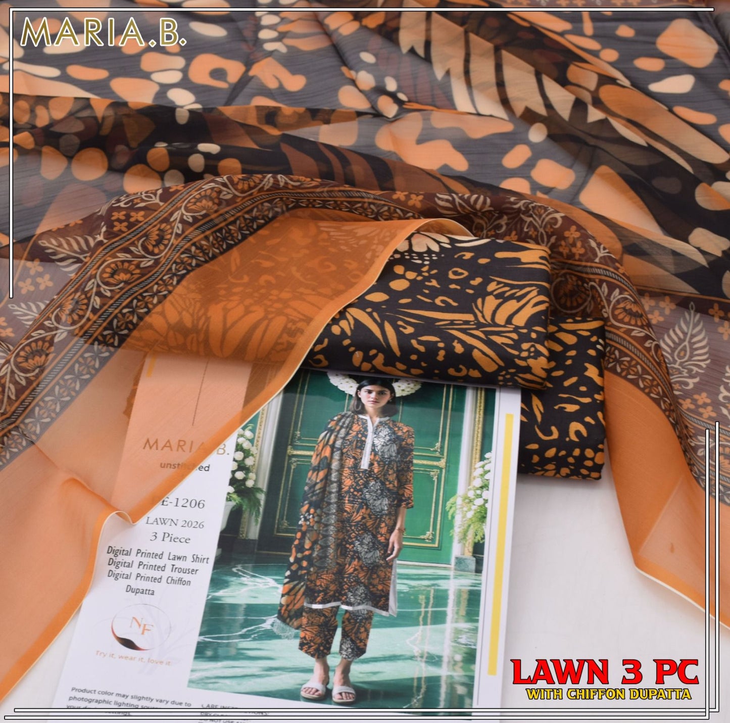 3pc Branded lawn with Chiffon Dupatta