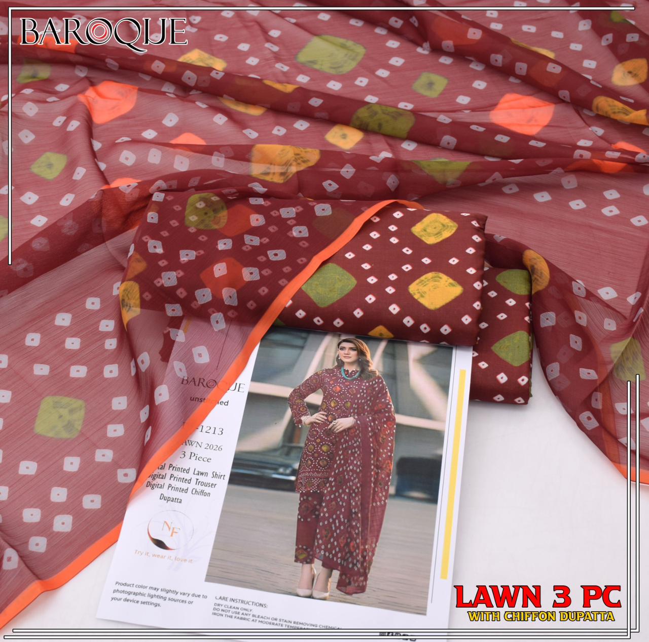 3pc Branded lawn with Chiffon Dupatta