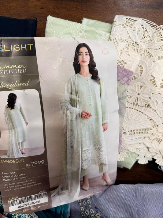 3pc Limelight Embroidered Lawn shirt and Cambric Trouser with Chiffon Dupatta