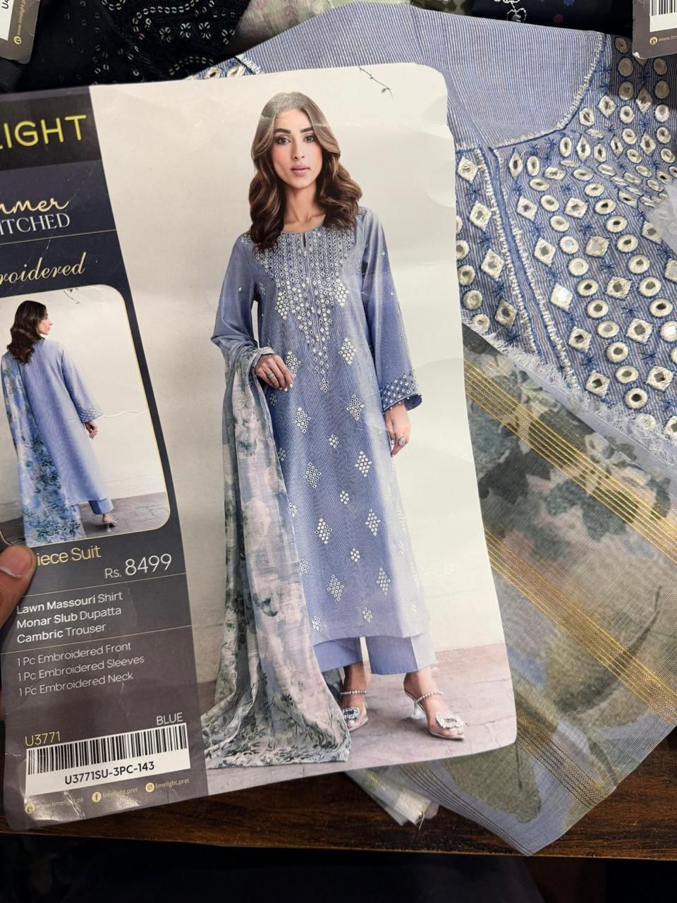 3pc Limelight Embroidered Lawn shirt and Cambric Trouser with monar Dupatta