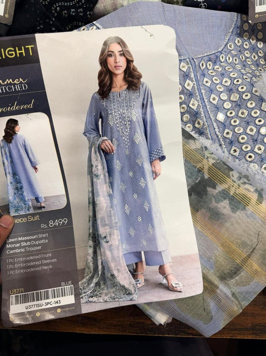 3pc Limelight Embroidered Lawn shirt and Cambric Trouser with monar Dupatta