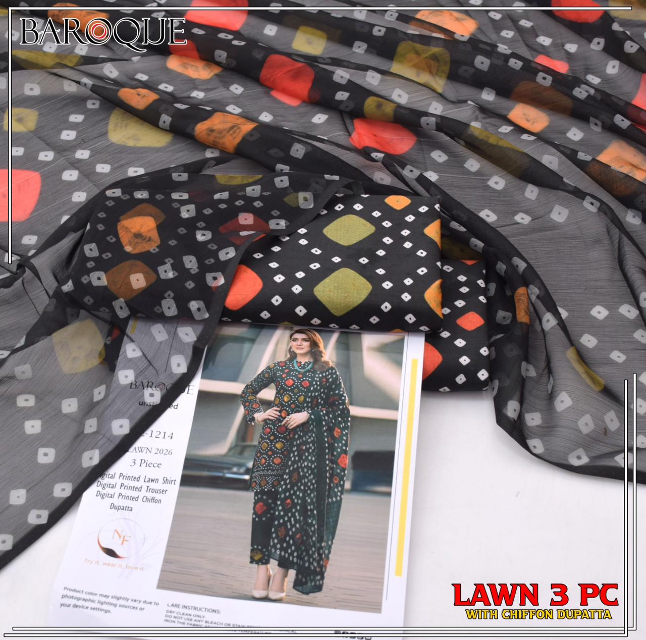 3pc Branded lawn with Chiffon Dupatta