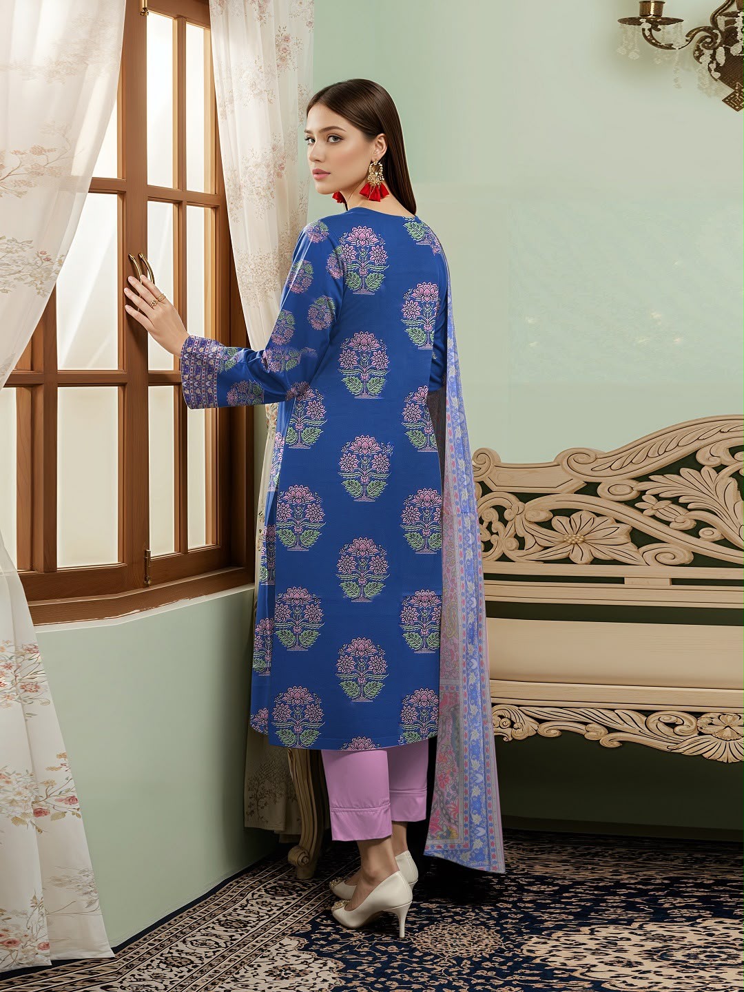 3pc So Kamal Lawn Shirt with Trouser with Chiffon Dupatta