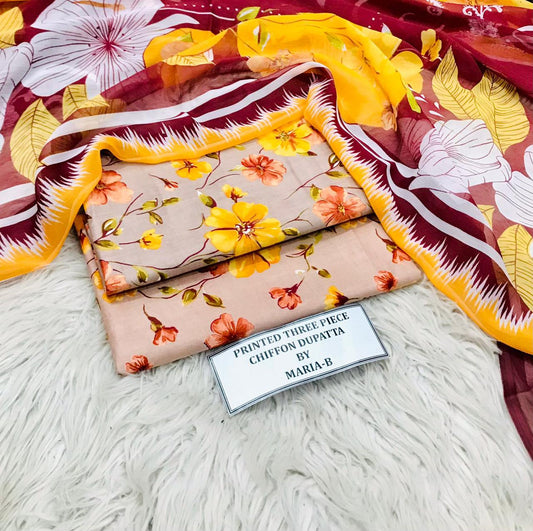 3pc printed lawn shirt and Trouser with Chiffon Dupatta