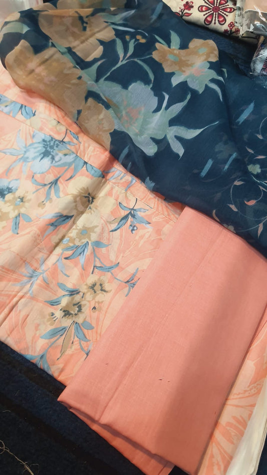 3pc printed lawn shirt and Trouser with  Chiffon Dupatta